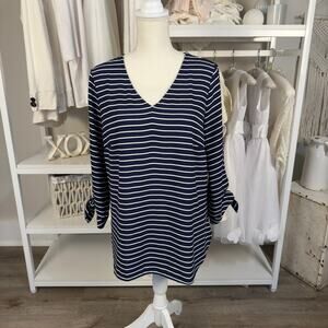 Talbots Women's Size M Navy Striped 3/4 side tie sleeve shirt blouse #3405